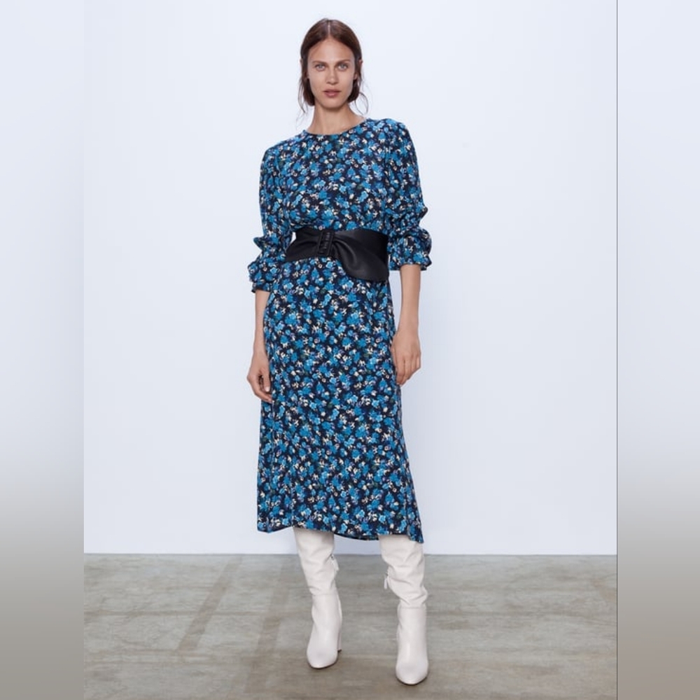 Zara Printed Midi Dress Blue Floral Boho 2587 162 330 NWT Size XS